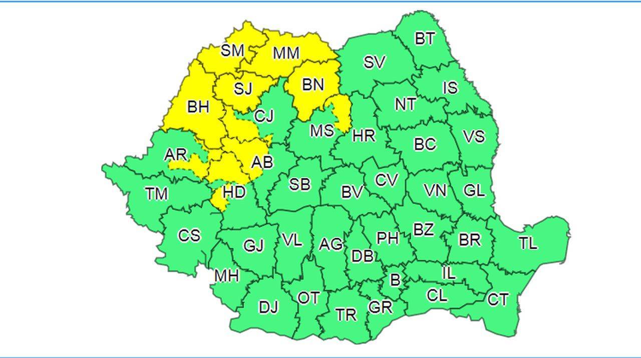 Cod galben de vreme severă în 10 județe din România