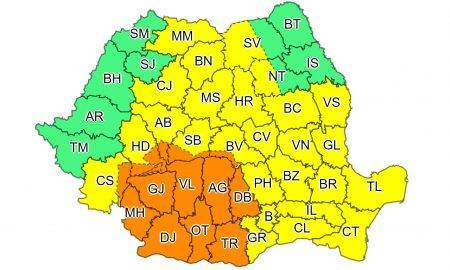 Începând cu ora 12:00, mai multe județe din România se află sub cod portocaliu de vreme severă și ploi abundente