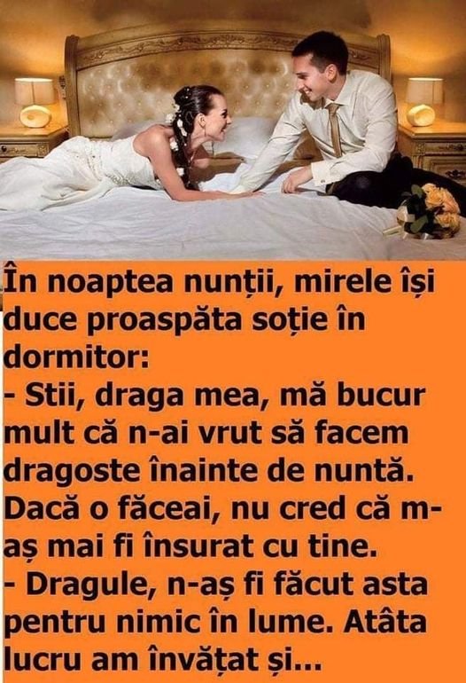 În noaptea nunții, mirele își duce proaspăta soție în dormitor: