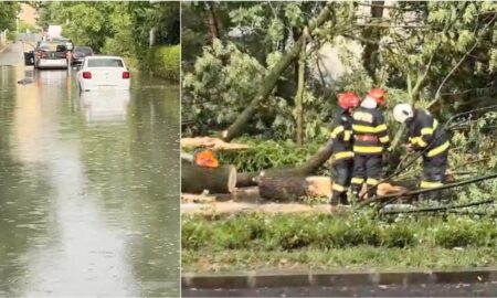 Străzi inundate în nordul Capitalei. Furtuna a doborât din nou copaci și a îngreunat traficul