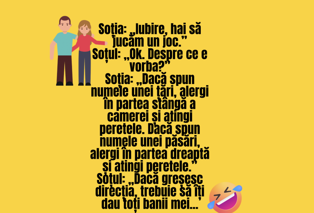 Bancul zilei: „Iubire, dacă spun numele unei țări, alergi în partea stângă a camerei și atingi peretele.peretele”