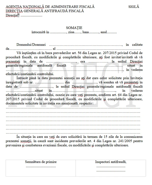 DOCUMENT Închisoare până la 6 ani pentru românii care ignoră invitațiile ANAF. Cum arată somația